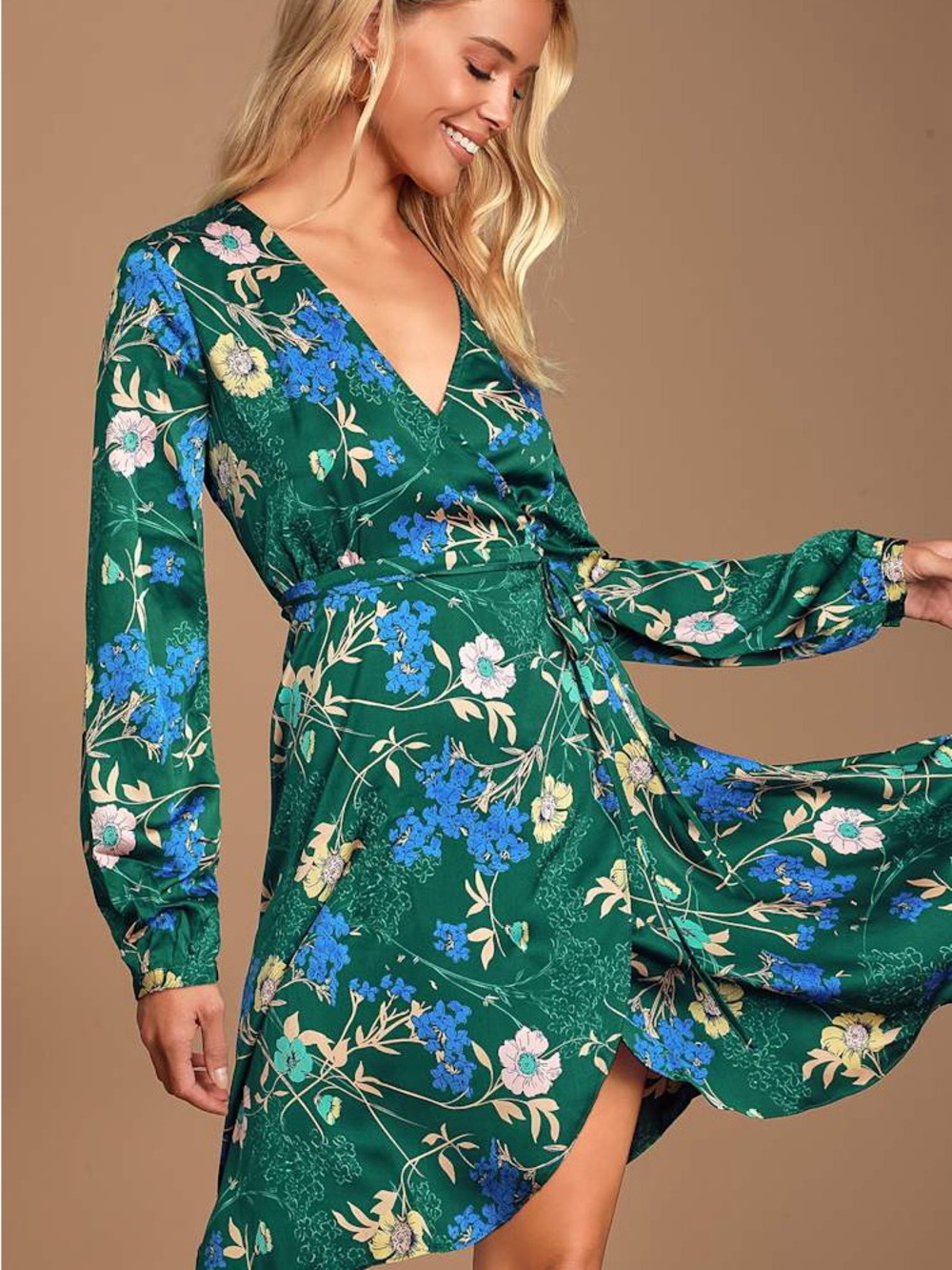 Lulus Sensationally So Emerald Green Floral Print Wrap Midi Dress Floral Print